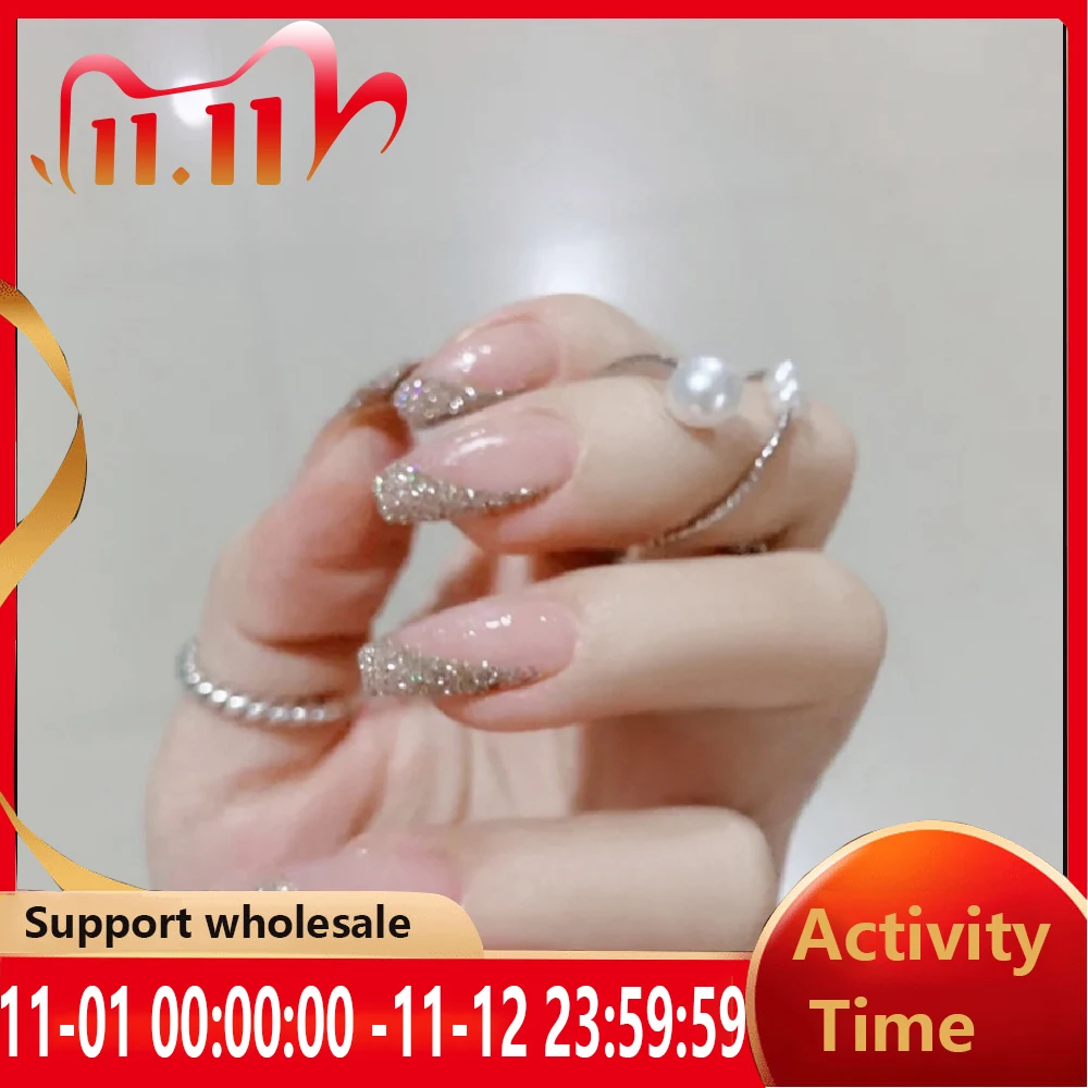 

24pcs Glitter Detachable False Nails Ballerina Pink Wearable Fake Nails Full Cover Nail Tips fake nail with design Manicure Tool