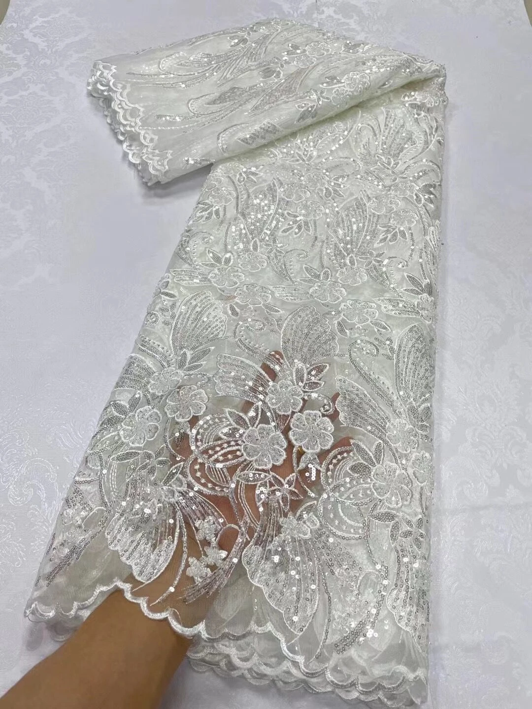 

2023 High Quality African Nigeria Tulle Lace Fabric Sequins French Embroidery Wedding Party Dress Beads Stone Guipure 5Yards