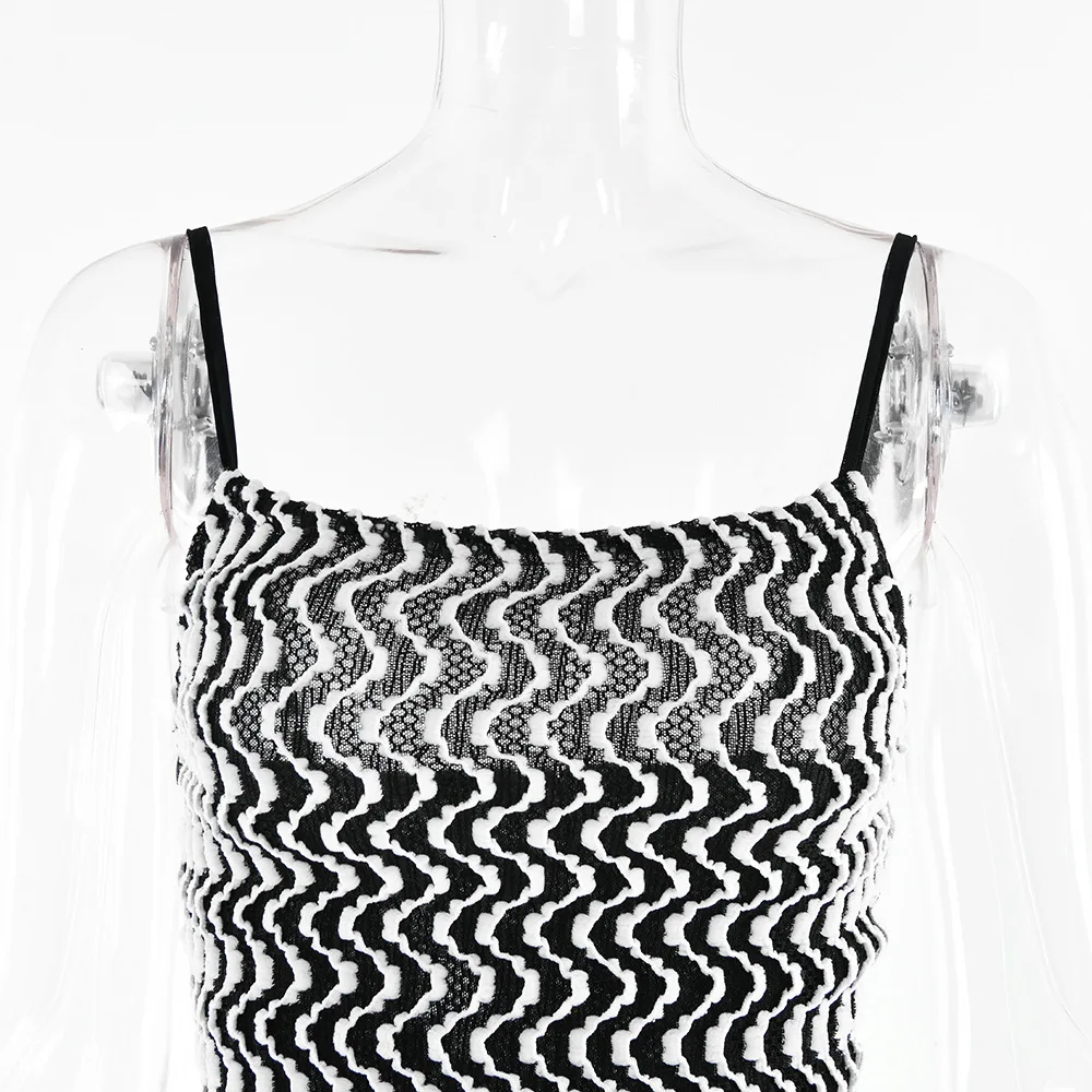 Spice Girl Sling Long Dress Black And White Ripple Contrast Backless Waist Slim Party Dress