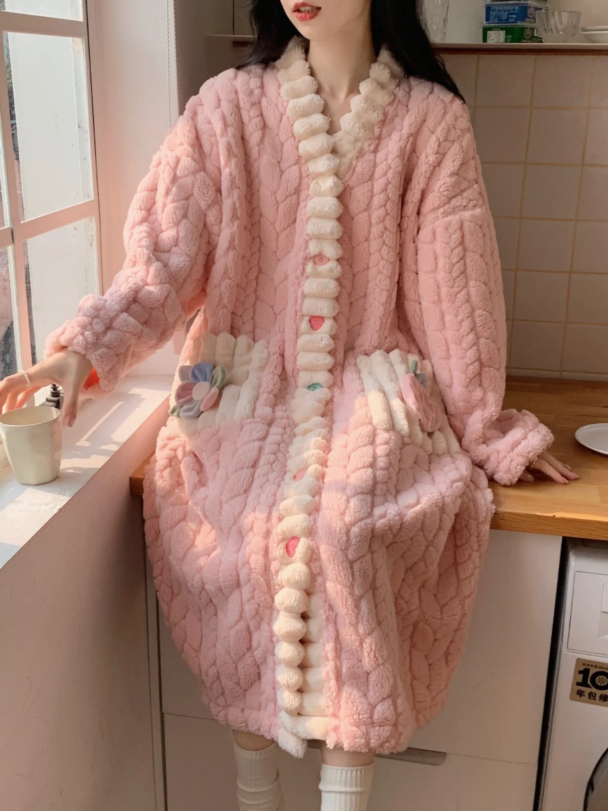 Coral Fleece Nightgown for Women Autumn and Winter Fleece-lined Thickened Flannel Japan fashion Bathrobe Materni Paj...