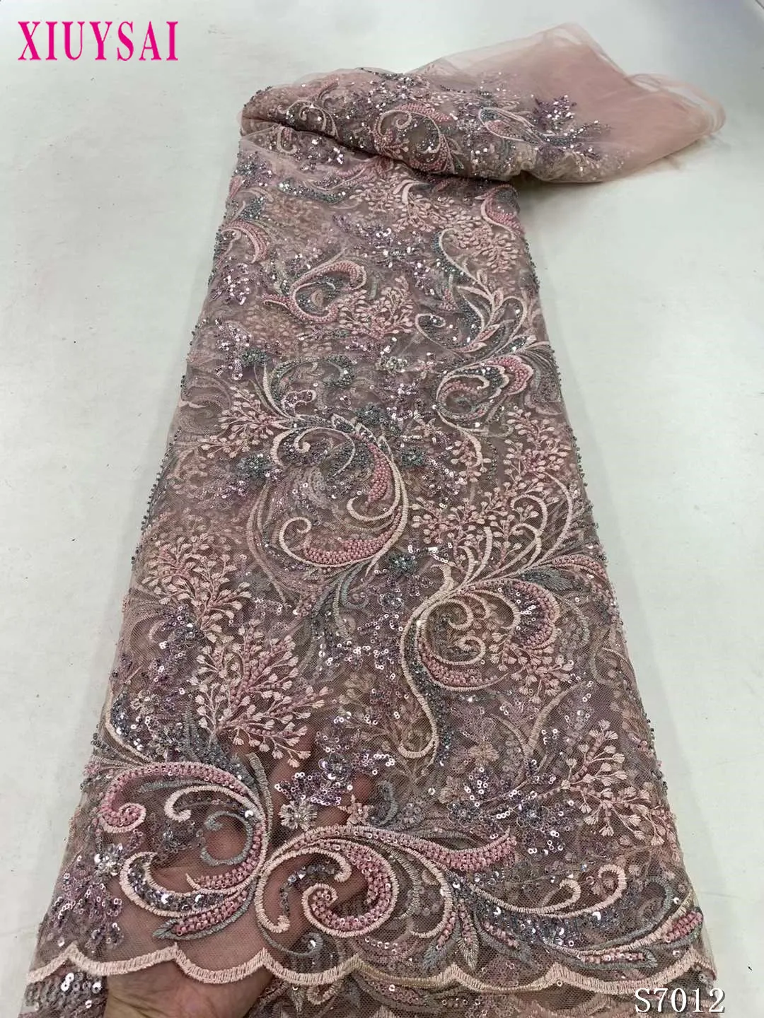 

Luxury African Sequins Beaded Lace Fabric 2023 High Quality Lace 5 Yards French Lace Fabric Nigerian Lace Fabrics Party