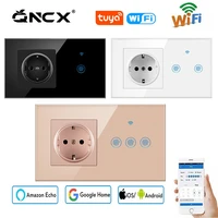 qncx smart wall socket with wifi touch switch tuya german crystal tempered glass panel power socket plug 14686mm dropshipping