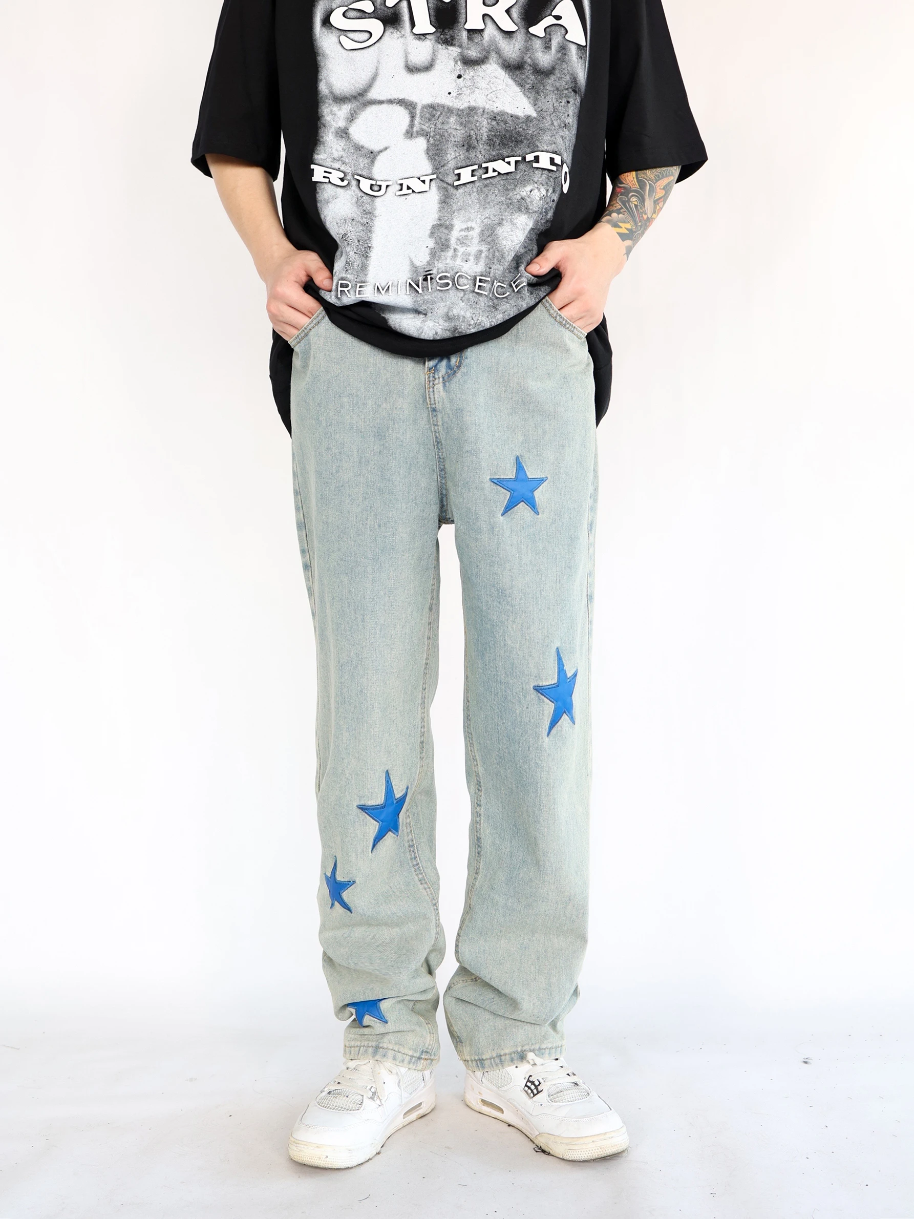 

Men's Jeans Four Seasons High Street Star Pattern Embroidered Jeans Fashion Street Distressed Straight Loose Casual Pants JEANS