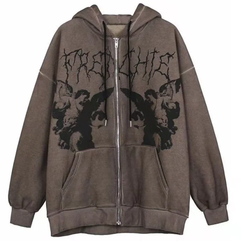 

Hoodies Women Vintage Loose Sweatshirts Zipper High Street Hooded Hip Hop American Print Tops Sudaderas Y2k Clothes Fashion