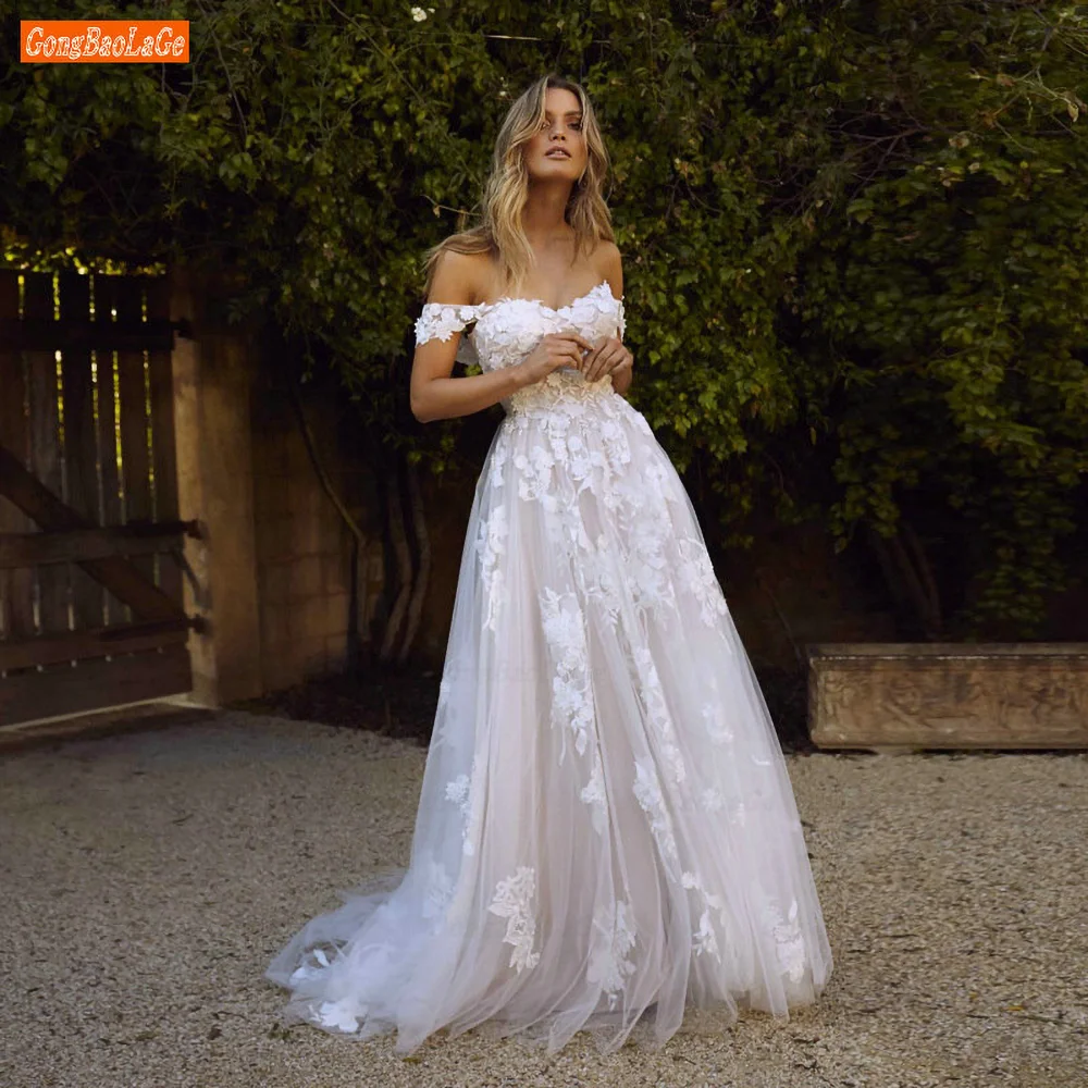 

Romantic And Elegant Temperament Open Mouth Wedding Dress One-shoulder Lace Long Wedding Dress A-line Robe Vestidos De Novia