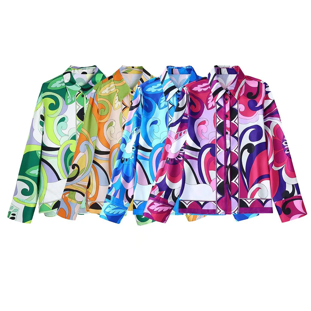 

2022 women's summer new printed shirt fashion four-color loose lapel long-sleeved temperament all-match top