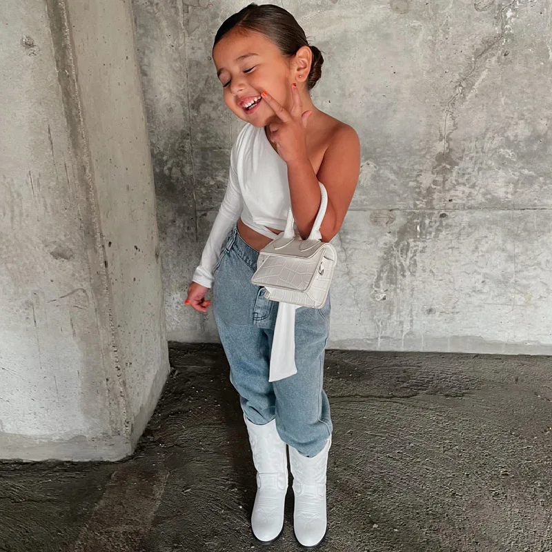White Kids Girls One-Shoulder Crop Tops Summer Clothes Younge Child Girl Fashion T-shirts Single Long Sleeve Tee Tops For 7 to 8