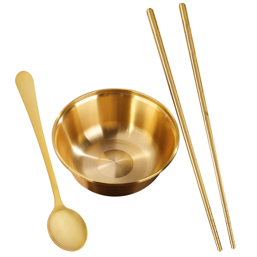 

1 Set Reusable Salad Bowl Fruit Storage Bowl Brass Bowl Chopstick Spoon Noodle Serving Bowl Set