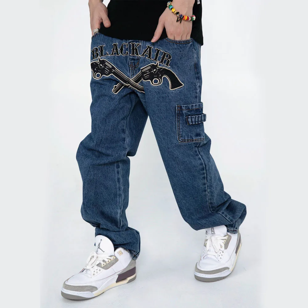 

Revolver Embroidery Jeans for Men Streetwear Rap Hip Hop Straight Leg Elastic Waist Jeans Trousers Male Women Denim Pants
