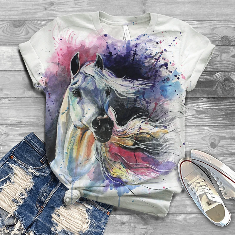 

Women's T-Shirt Animal Horse Print Summer Short Sleeve Casual Fashion T-Shirt Comfortable Retro Versatile Harajuku T-Shirt