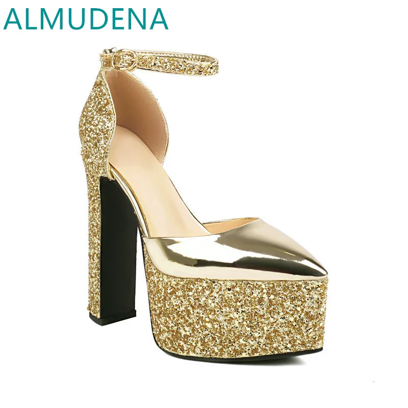 

Pointed Toe Thick Heel Platform Women Pumps Two Piece Buckle Strap Sequined Bling Patent Leather Adults Shoes Mature Dress Shoes