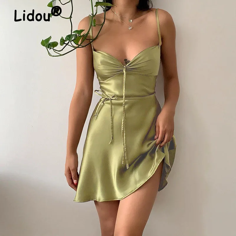 

2022 New Fashion Satin Slip Dress Women Backless Bandage V Neck Sexy Short A-line Dresses Summer Green Elegant Women's Clothing