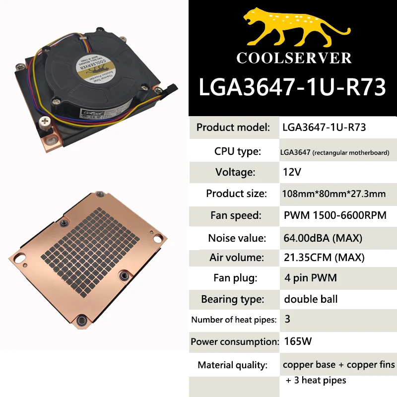 

COOLSERVER 1U R73 CPU Server Workstation Cooler 3 Heatpipe Desktop Computer CPU Heatsink Cooler Fan For LGA 3647 Radiator