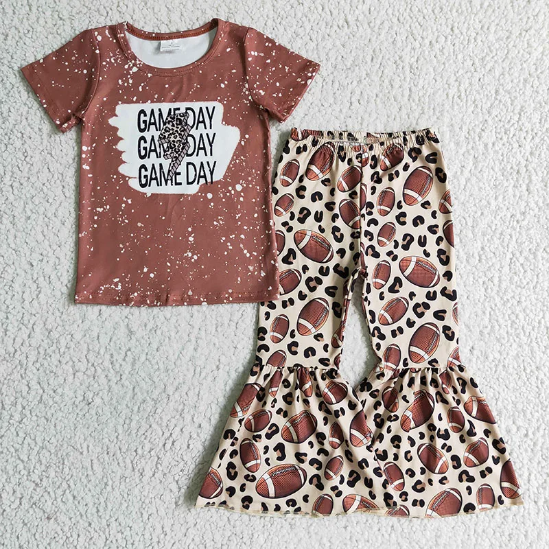 

New game day letter print children clothes short sleeves shirt with leopard bell bottom pants baby clothes for girl