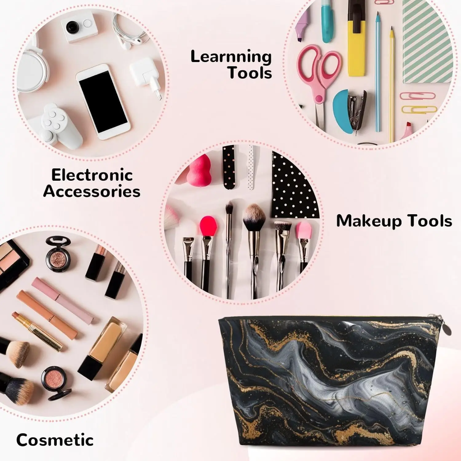 Косметичка из мрамора черного золота абстрактная косметичка дорожный