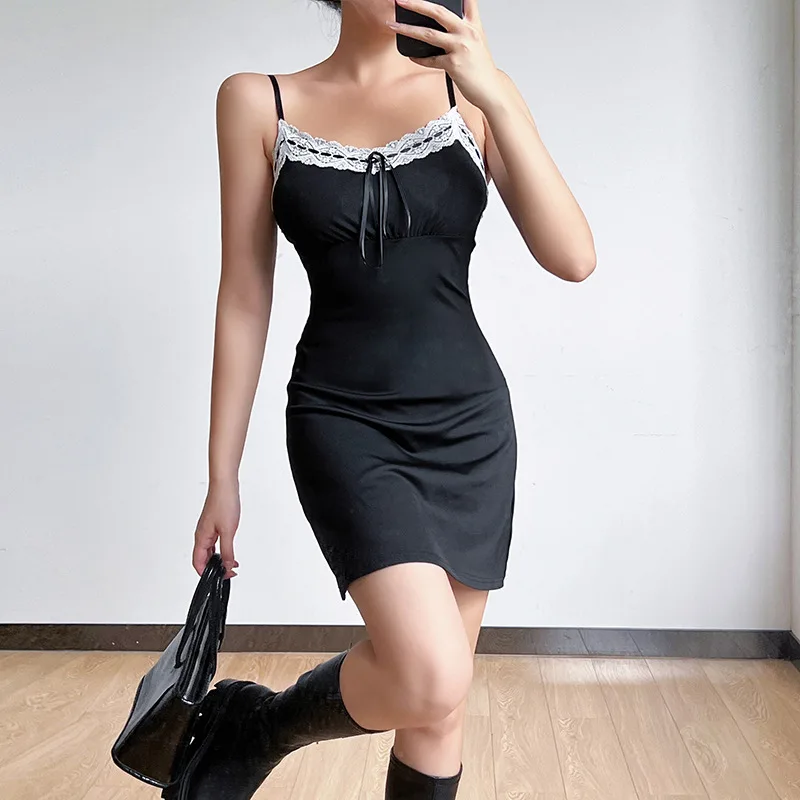 

Women Summer A-line Mini Dress Sexy Lace Patchwork V-Neck Sleeveless Sling Dress Fashion Backless Party Club Dress