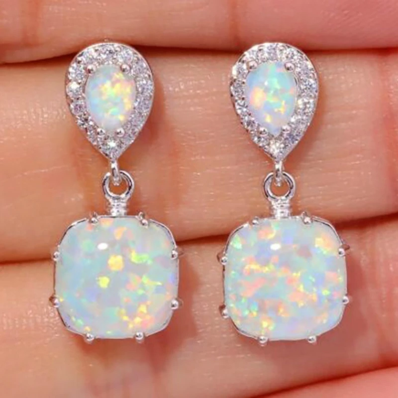 

New Fashion 925 Silver color Opal Jewelry Square Opal Earrings