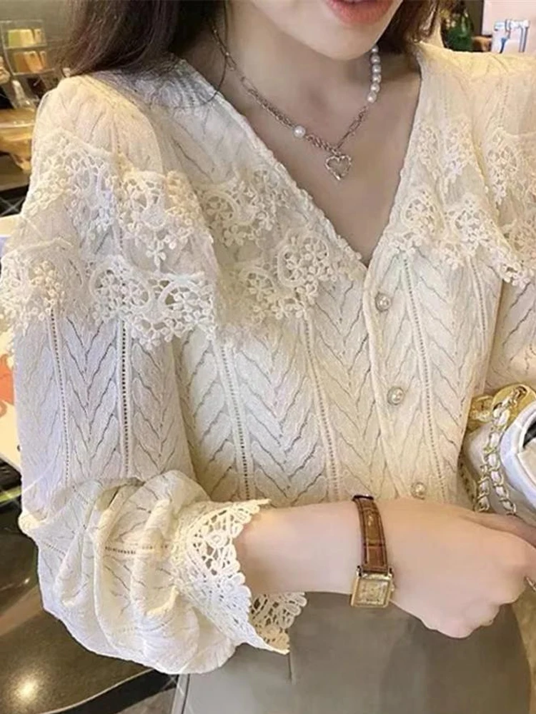 

Elegant Blouse New French Sweet Lace Shirt Women Vintage Autumn V Neck Hollow Out Stitching Long Sleeve Apricot Loose Tops 24353