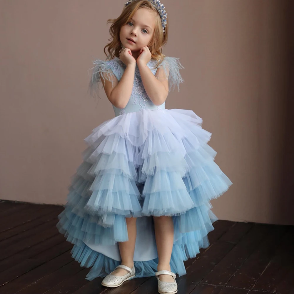 

Tiered Flower Girl Dresses A-Line O-Neck Short Sleeve Sequined Appliques Short Front Long Back Puffy Tulle Kids Pageant Dress