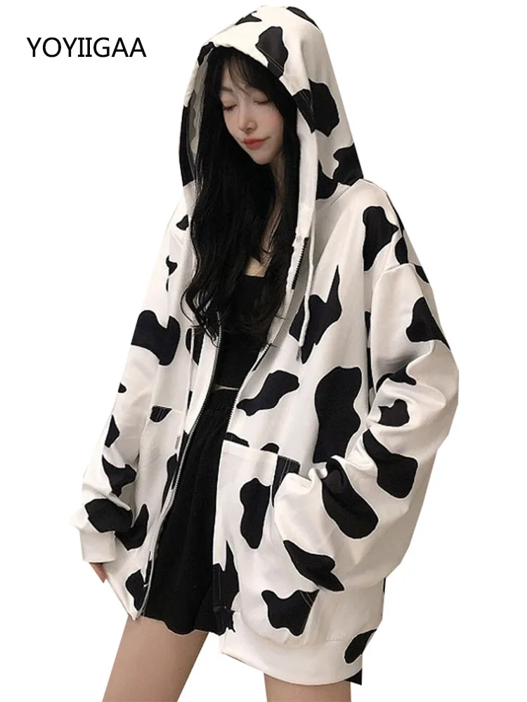 Cow Printed Women's Hoodies Harajuku Warm Female Hooded Tops Autumn Winter Ladies Girls Pullover Fashion Chic Woman Hoodies
