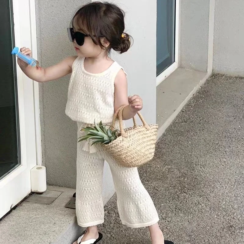 

Korea Style 2023 Summer Kids Sets Knitting Soft Sleeveless Simple Casual Wide-leg Backless Comfortable for Girls