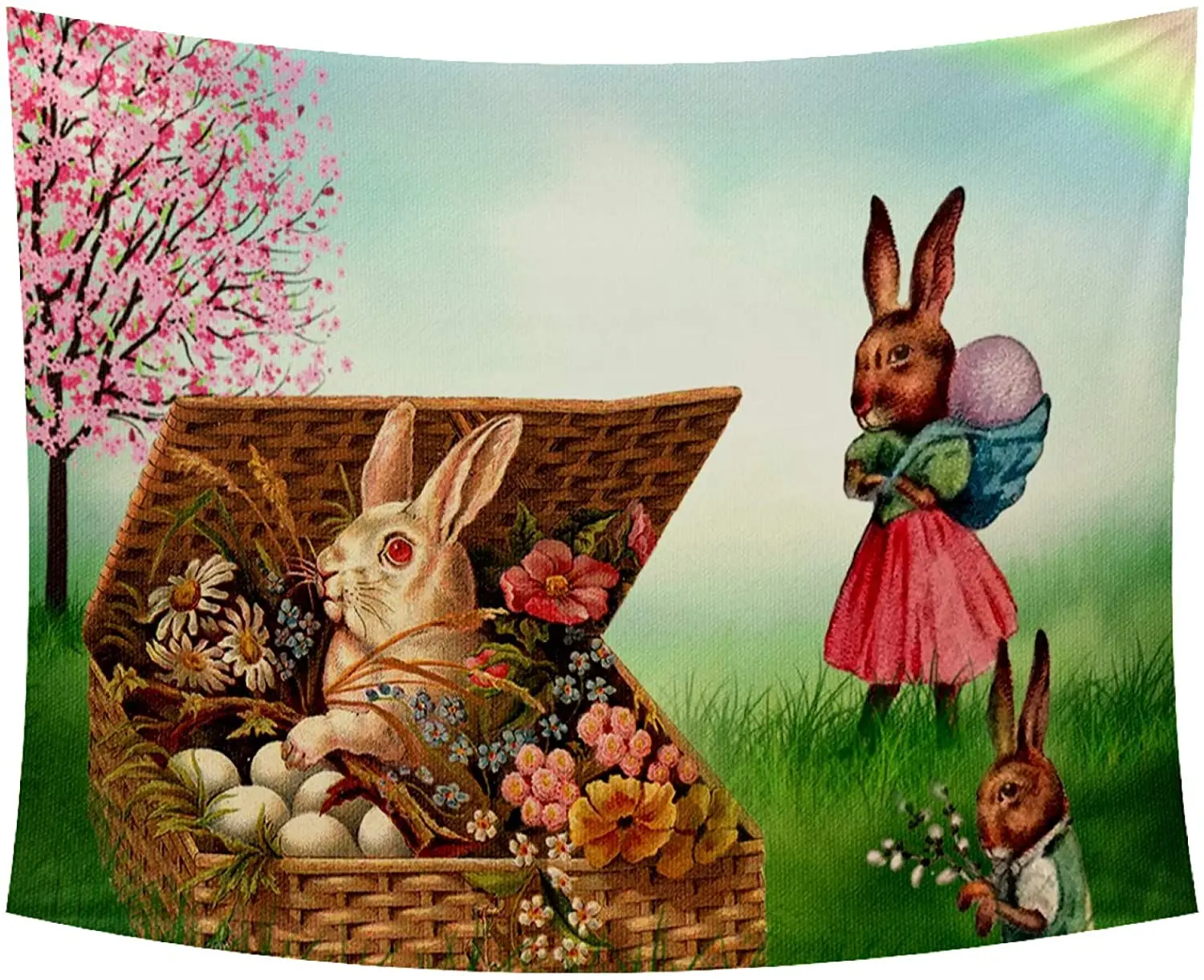 

Vintage Easter Bunny Basket Flowers Tapestry Wall Hanging with Home Decorations for Living Room Bedroom Dorm Decor 80x56 Inches