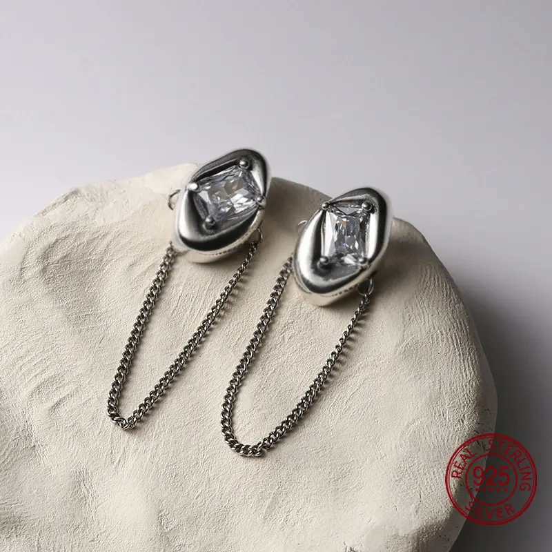 

High Quality 925s Oval Shape AAAA Crystal Stud Earrings For Women Chain Tassel Elegent Antique Silver Sterling Silver Jewelry