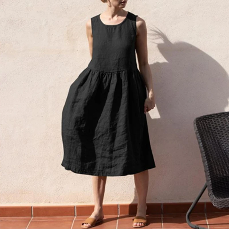 

Vintage Solid Sleeveless Pleated A-line Dress Summer Sexy Hollow Cotton Linen Dress 2022 Women Casual O-neck Loose Midi Dresses