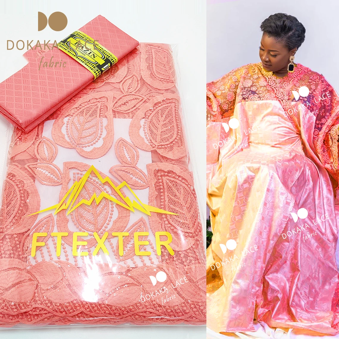 

Original Bazin Riche Fabric With Tulle Mesh Lace For African Noble Lady Wedding Dress Material Peach Net Lace Basin Party Fabric