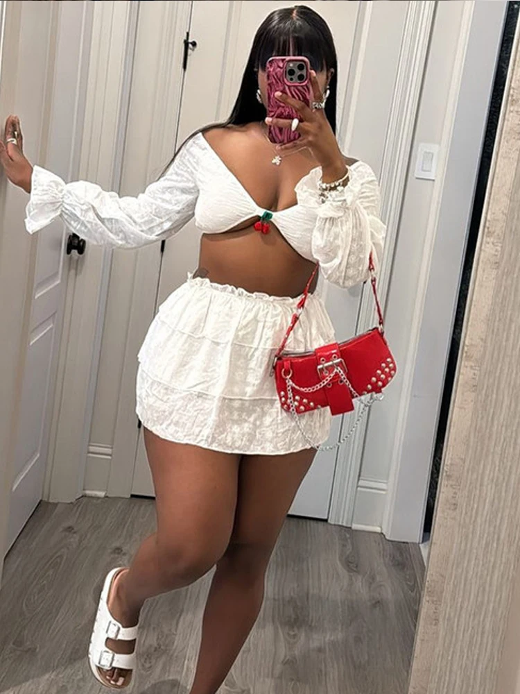 jeden Puss Cherry damski 2-częściowy zestaw jesienny Trend Hollow pełny rękaw głęboki dekolt krótkie bluzki + wielowarstwowe spódnice