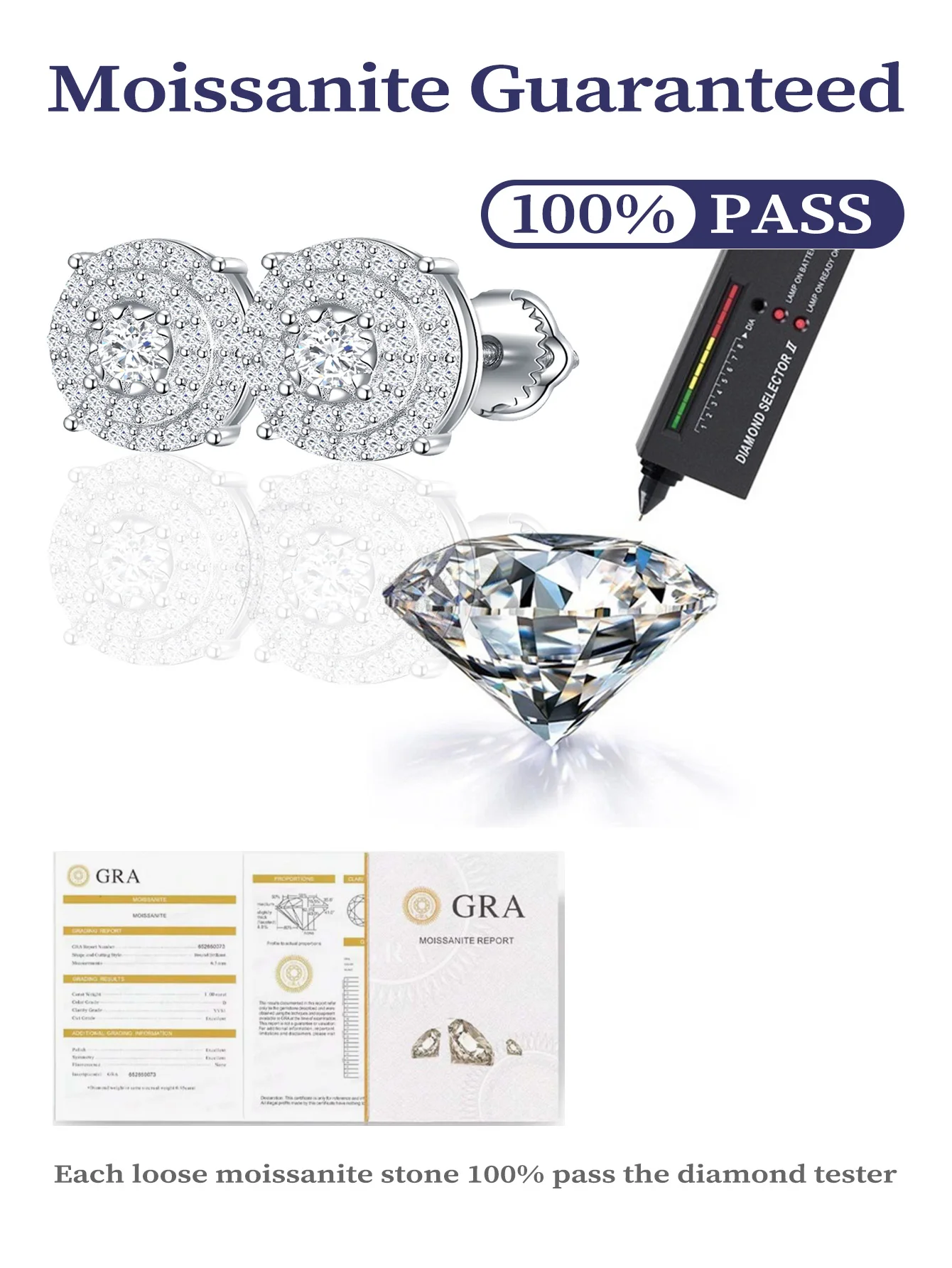 Женские круглые серьги-гвоздики с муассанитом 925 карат