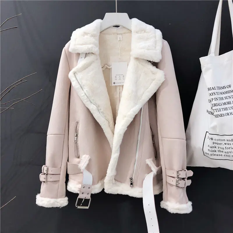Deerskin Velvet Jackets Women Winter Thick Warm Faux PU Deerskin Velvet Coat 2023 Office Lady Casual Oversized Motorcycle Coat