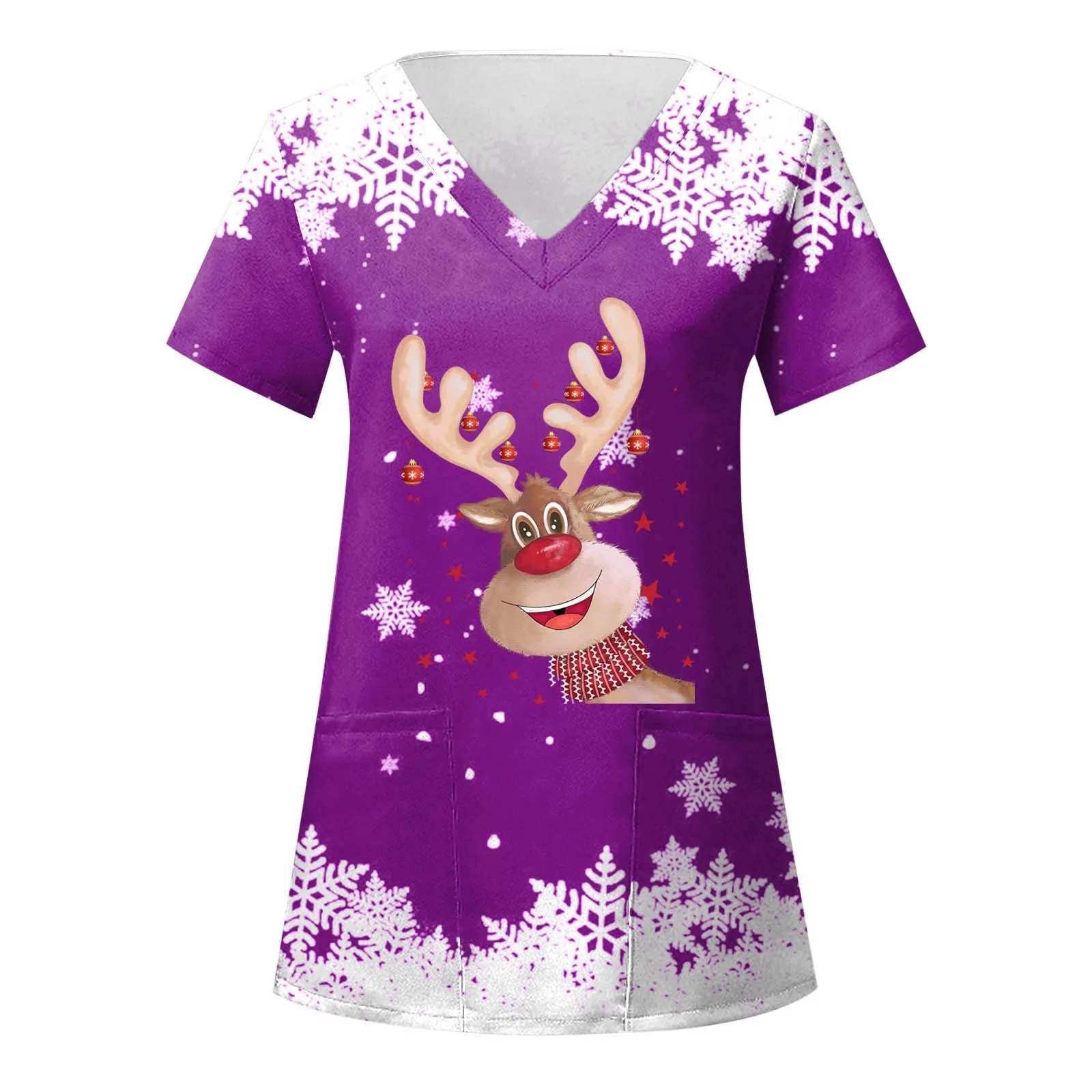 

Nurse Uniform Scrubs Women Christmas Print Short Sleeve V-neck Tops Working Uniform Medical Nursing Xmas Workers Scrubs Workwear