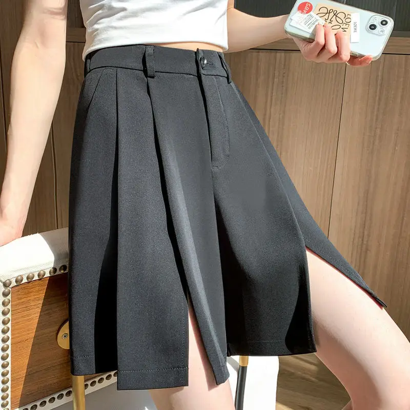High Quality Shorts Women Wide Leg Casual Side Slit Baggy High Waist Solid All-Match Summer Design Trousers Aesthetic Fashion