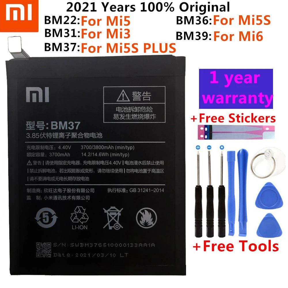 

Original Xiaomi bm31 bm22 bm36 bm37 bm39 Battery For Xiaomi Mi3 Mi5 Mi5S Mi5SPLUS Mi6 High Quality batteries with Tools Gifts