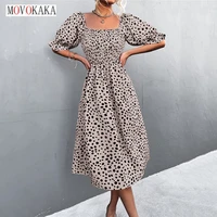movokaka leopard sexy long dress woman square collar slim folds elegant dresses for women party beach casual summer dress women