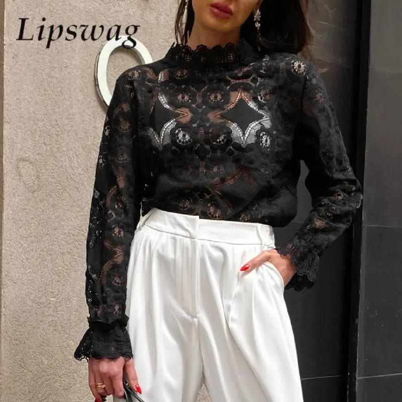 

Elegant O Neck See-through Lace Shirt Women Fashion Casual Long Sleeve Tops Blusa Chic Vintage Hollow Embroidery Blouse Pullover