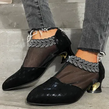 Ladies Sexy Strange Style Heel Slip On Flat Shoes Women Plus Size Loafers Mesh Pointed Toe Crystal Single Shoes Feminino Zapatos 1