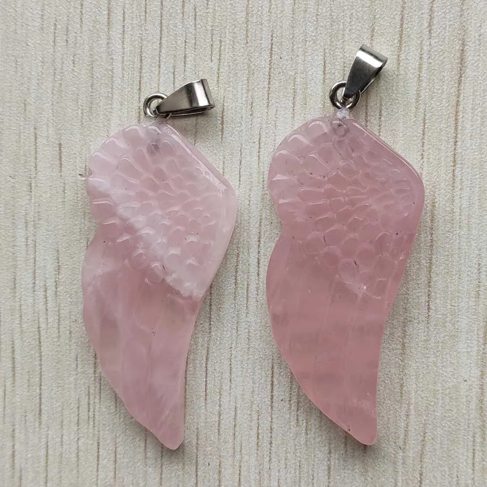 

Natural rose quartz stone carved good quality angel wings charms pendants for jewelry making free shipping Wholesale 2pcs/lot