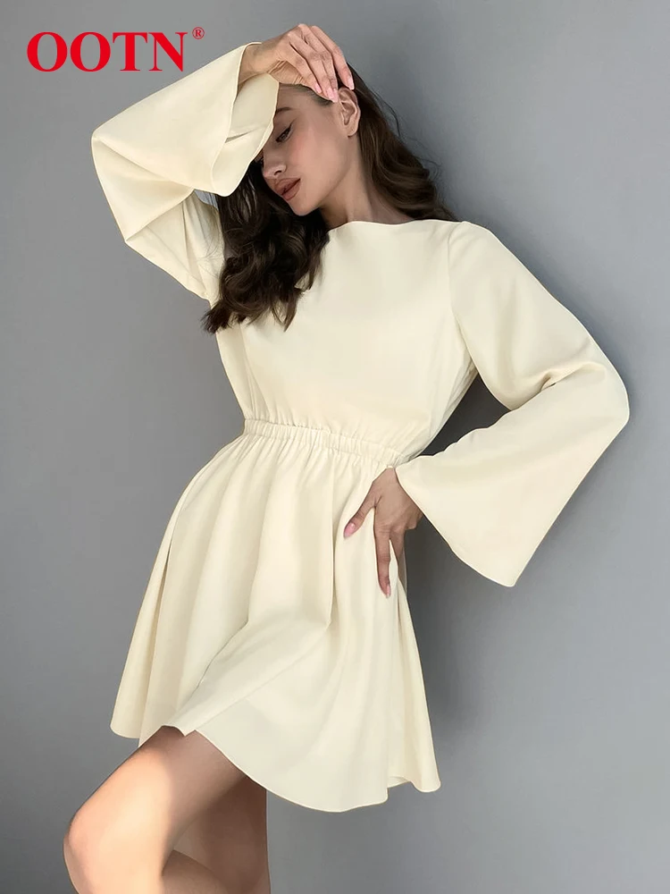 

Элегантное абрикосовое платье трапециевидной формы с расклешенными рукавами, женское сексуальное летнее платье с открытой спиной и круглы...