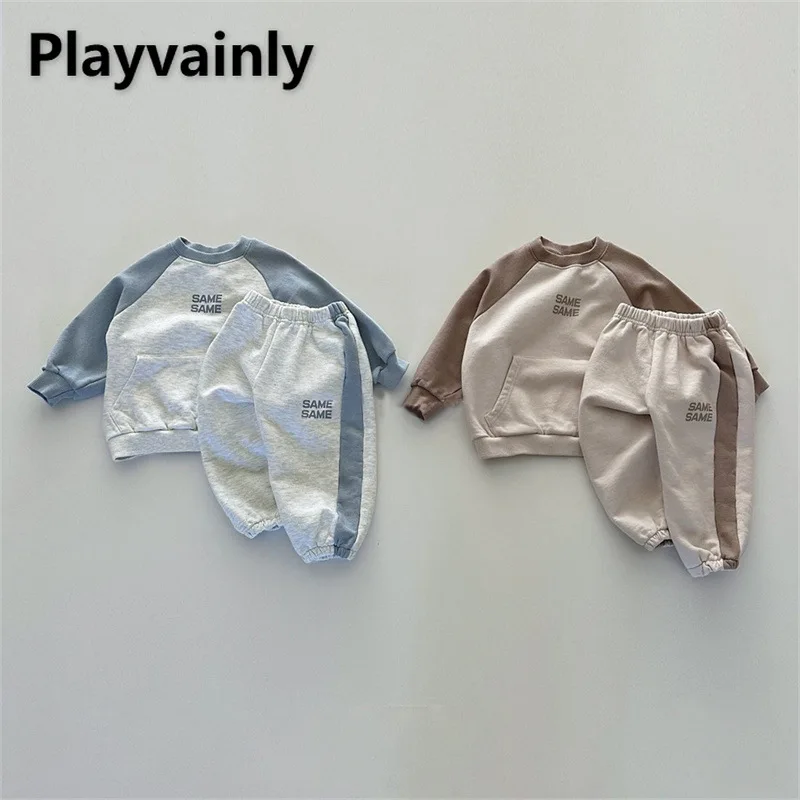 

Korean Style Autumn Kid Boy Girl Sports Suit Letter Print O-neck Patchwork Color Sweatshirts+Sweatpants Children Clothing E25941