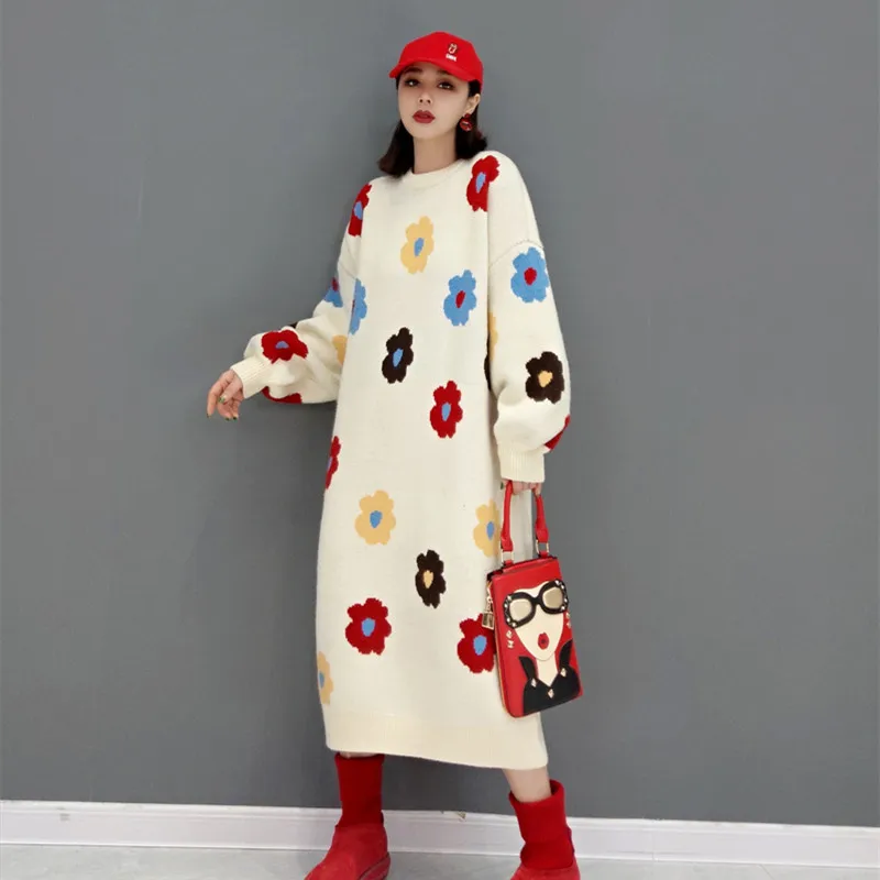 

Floral Printed Sweater Dress For Women Autumn Winter Warm Dress O-Neck Knitwear Long Dresses Thick Vestido de suéter