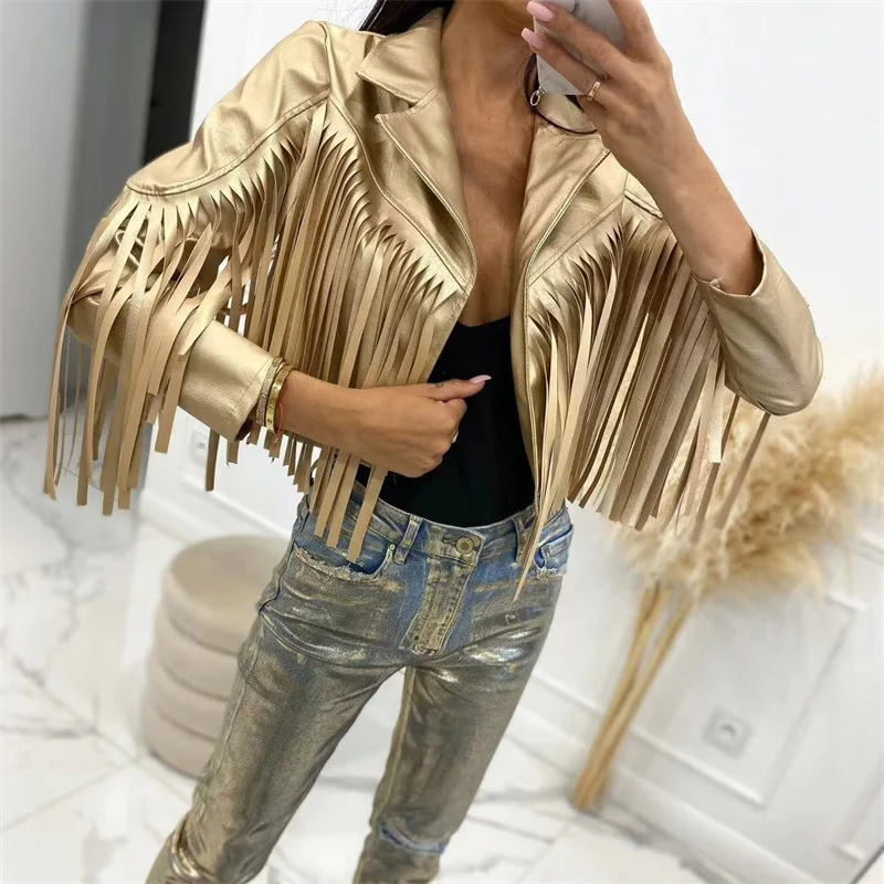 

Женская модная золотистая кожаная короткая куртка, осень 2023, укороченные куртки для девушек в стиле High Street с бахромой, Женская Блестящая куртка с отложным воротником