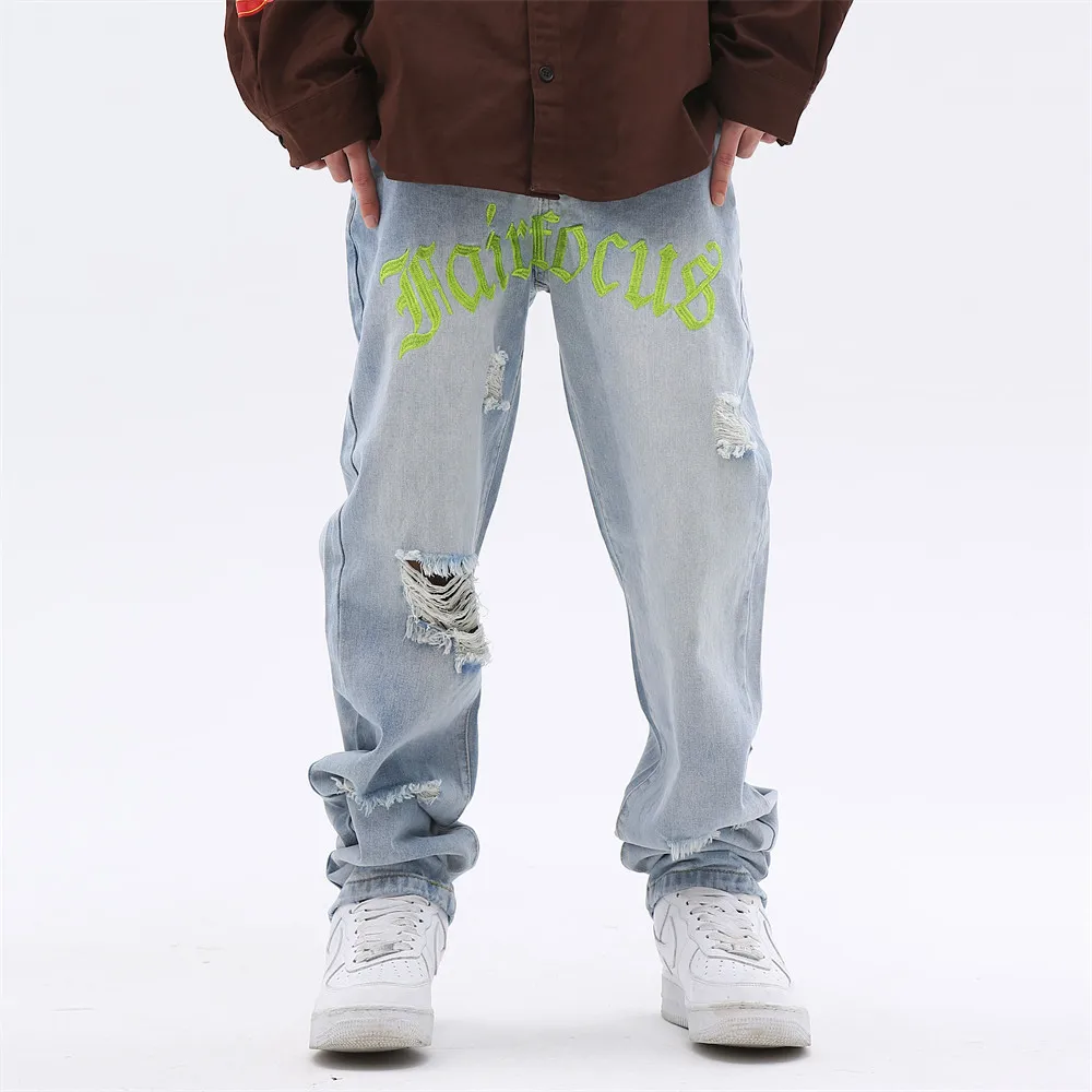 2023 Ripped Retro Hole Cross Embroidery Casual Denim Trousers Men Women High Street Washed Straight Oversized Y2k Jeans Pants