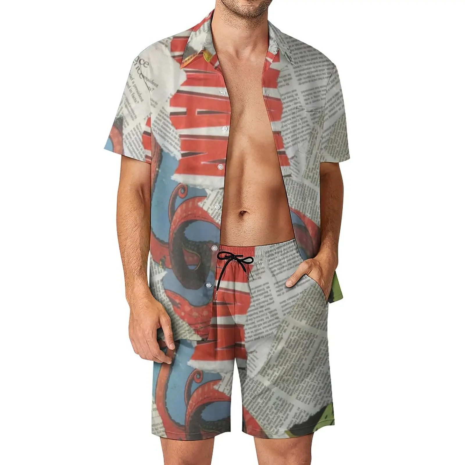 

Statement Newspaper Collage Men Sets Vintage Letter Print Casual Shirt Set Streetwear Beach Shorts Pattern Suit 2 Piece Clothing