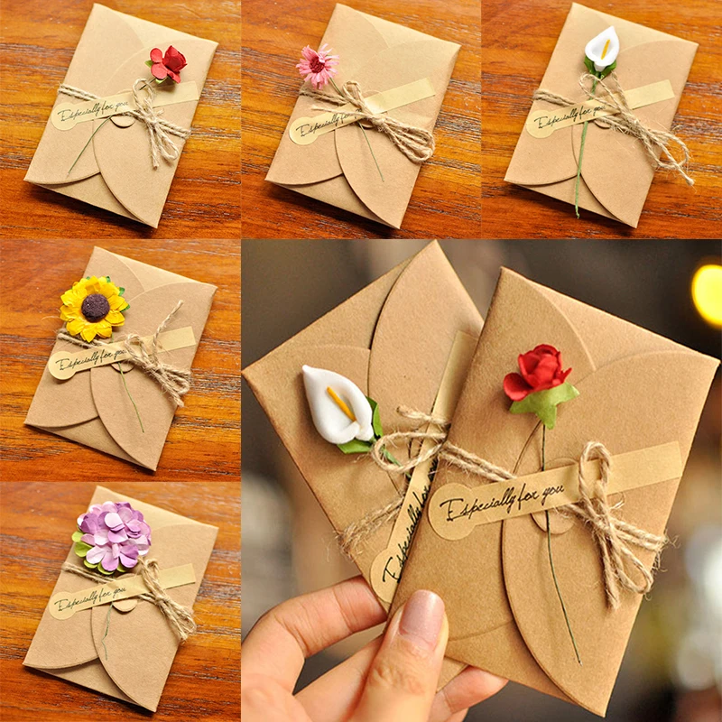 

Vintage Envelope Greeting Card Kraft Paper Banding Flowers For Birthday Mother's Day Father's Day Christmas Thank You Letter