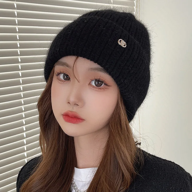 

2023 Real Rabbit Fur Beanies Winter Hat for Woman Luxury Rhinestones Letter Knit Bonnet Lady Autumn Winter Warm Knitted Hat