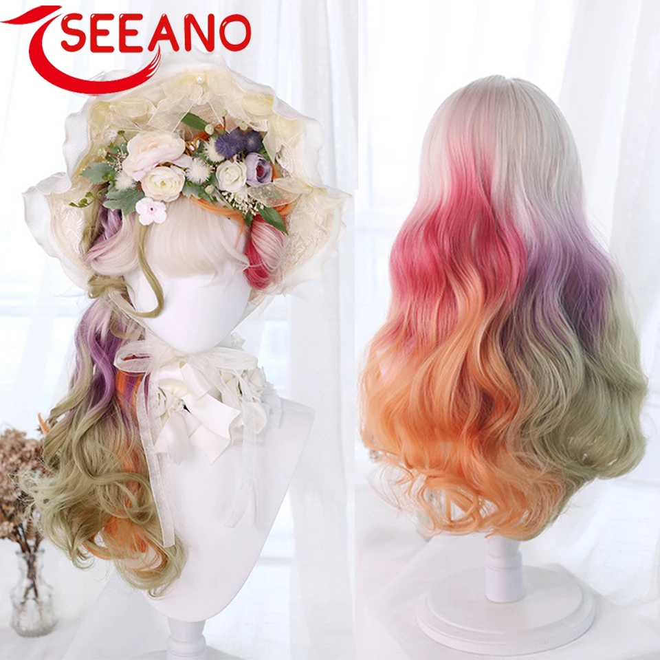 

SEEANO Synthetic Cosplay Wig Fiber Dyed Big Waves Long Curly Hair Sweet And Cute Lolita Gradient Japanese Soft Girl Jk Long Wig