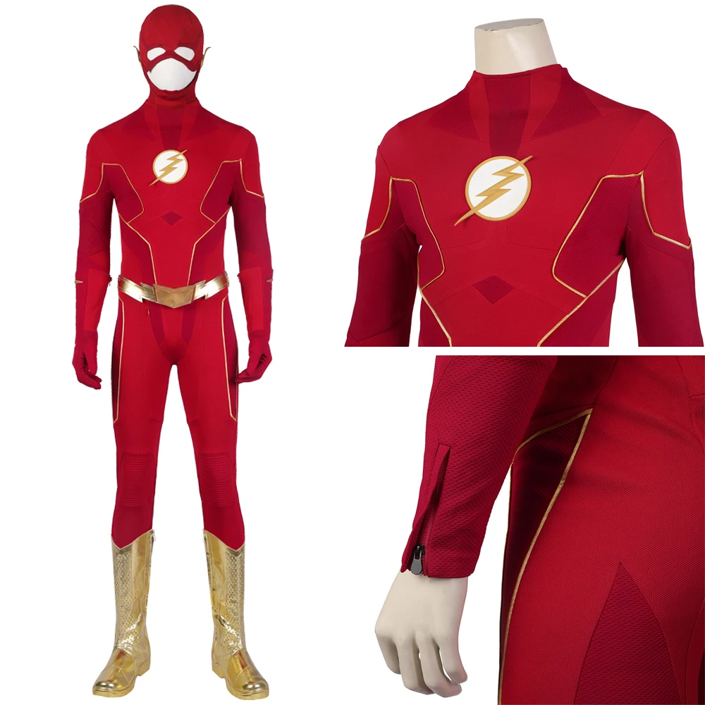 

Barry Allen Cosplay Superhero Costume Halloween Carnival Red Battle Outfit With Golden Boots Adult Hero Jumpsuit