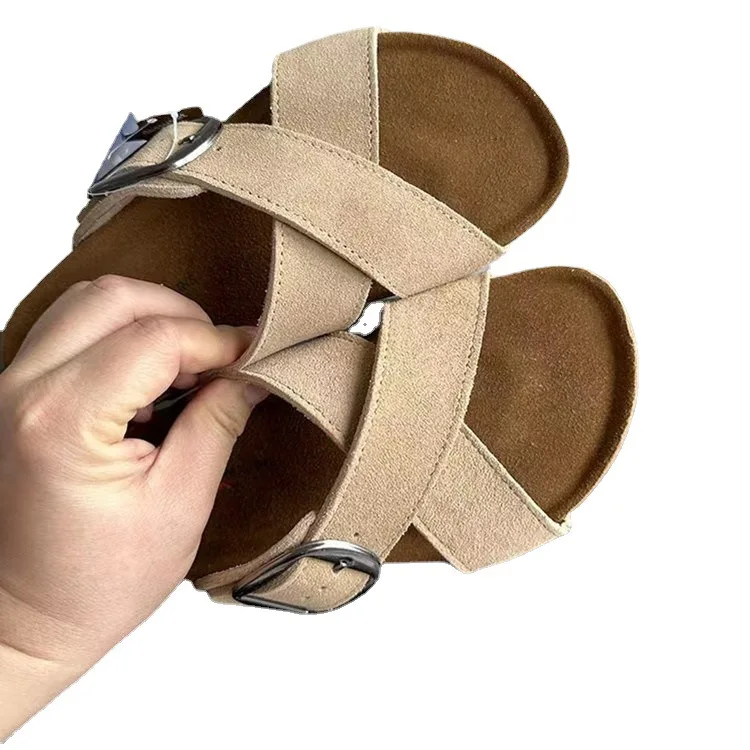 New Summer Women's Cow Suede Leather Cork Sandals Two Buckle Flats Sandals Women Retro Roma Style Fashion Slides Women